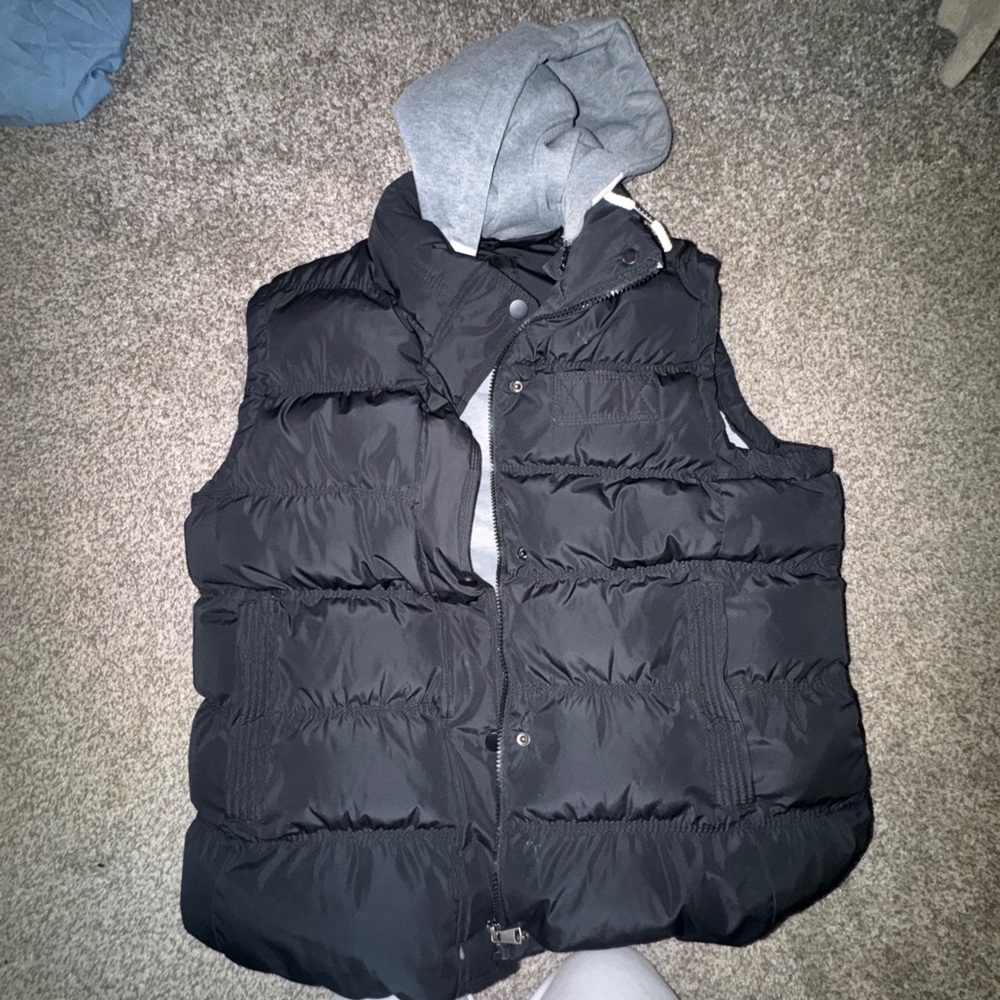 Black Puffer Vest with Gray Hood